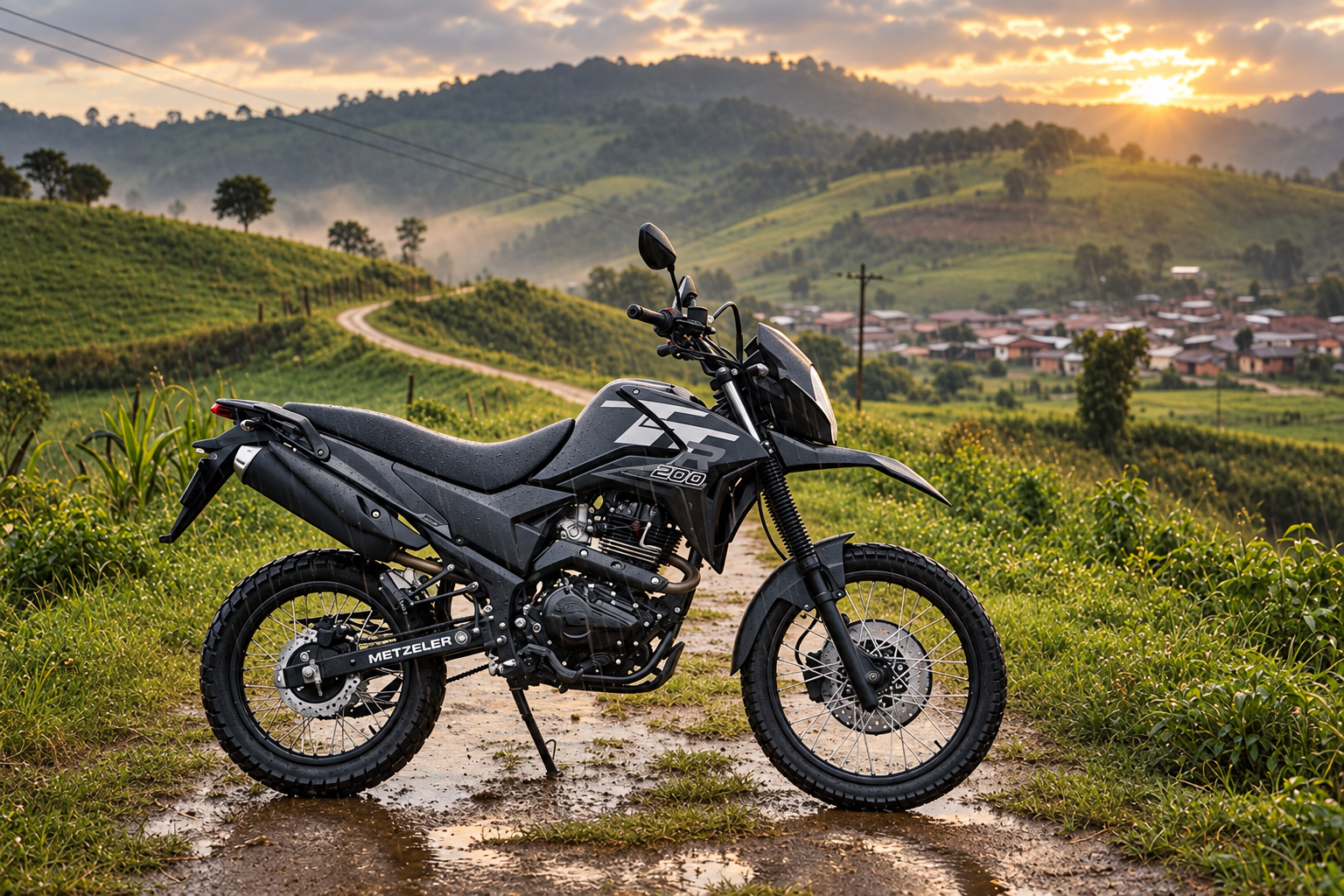 Imagen estilizada de una motocicleta AKT TTR 200 negra en un paisaje rural